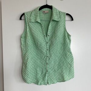 Y2 faded glory gingham collared sleeveless button front top green medium